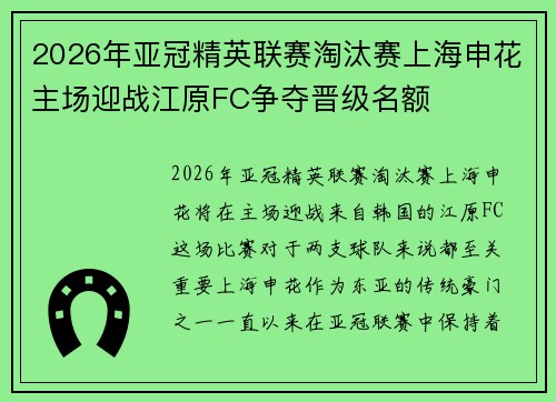 2026年亚冠精英联赛淘汰赛上海申花主场迎战江原FC争夺晋级名额 2026年亚冠精英联赛淘汰赛上海申花主场迎战江原FC争夺晋级名额